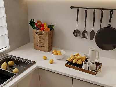 Hanging Kitchen Cooking Utensils On Wall With Fresh Vegetables Muffins And Kettle On Countertop 3d model