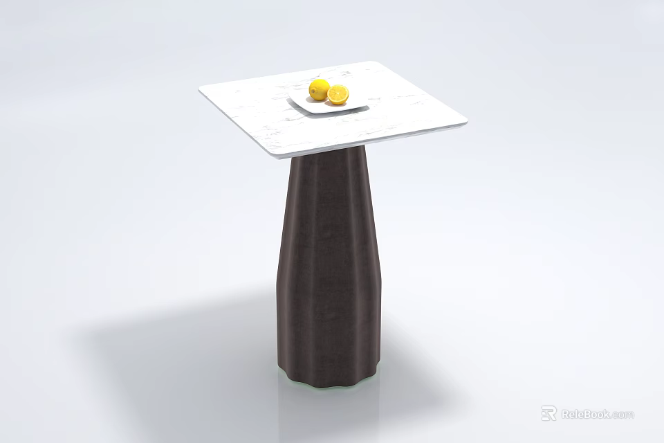 Square White Marble Coffee Table With Plate Holding Two Lemons On Dark Textured Cylindrical Base 3d model 