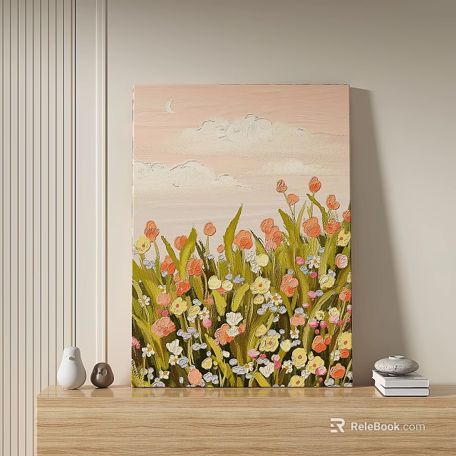 Oil Painting of Blooming Flower Field With Clouds and Moon in Soft Hues 3d model 