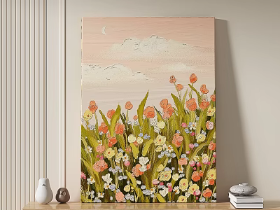 Oil Painting of Blooming Flower Field With Clouds and Moon in Soft Hues 3d model