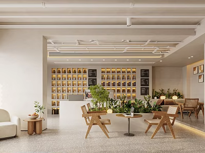 Cozy Warm Toned Café Interior With Open Space Wooden Tables Chairs And Green Plants 3d model