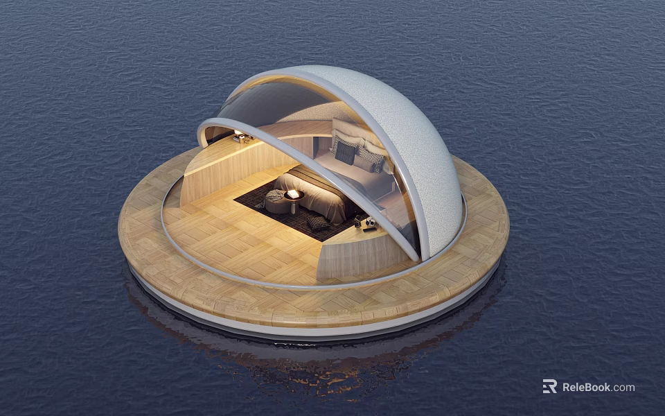 Floating Garden Ornament With Circular Structure Wooden Deck Transparent Dome And Interior Lighting On Water 3d model 