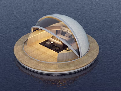 Floating Garden Ornament With Circular Structure Wooden Deck Transparent Dome And Interior Lighting On Water 3d model