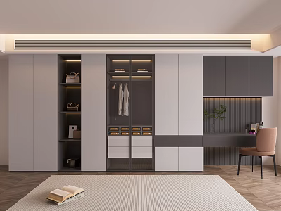 Modern Wardrobe Interior With Gray White Cabinets Drawers Open Shelves And Home Office Area 3d model