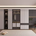 Modern Wardrobe Interior With Gray White Cabinets Drawers Open Shelves And Home Office Area