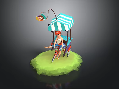 Cartoon Rickshaw Scene With Blue White Striped Canopy Rider Red Hat And Green Grass Base 3d model