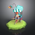 Cartoon Rickshaw Scene With Blue White Striped Canopy Rider Red Hat And Green Grass Base