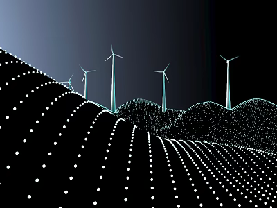 Modern Wind Turbines On Dot Formed Wavy Hills With Digital Terrain Structure 3d model