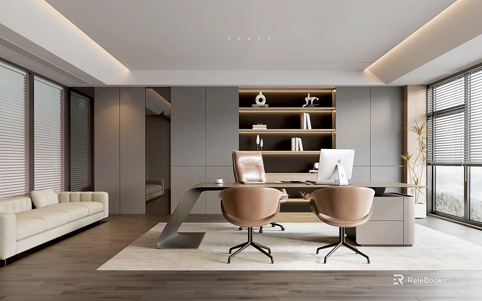 Modern Office Interior Design With Office Desk Two Chairs Bookshelf And Sofa 3d model 