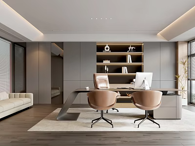 Modern Office Interior Design With Office Desk Two Chairs Bookshelf And Sofa 3d model