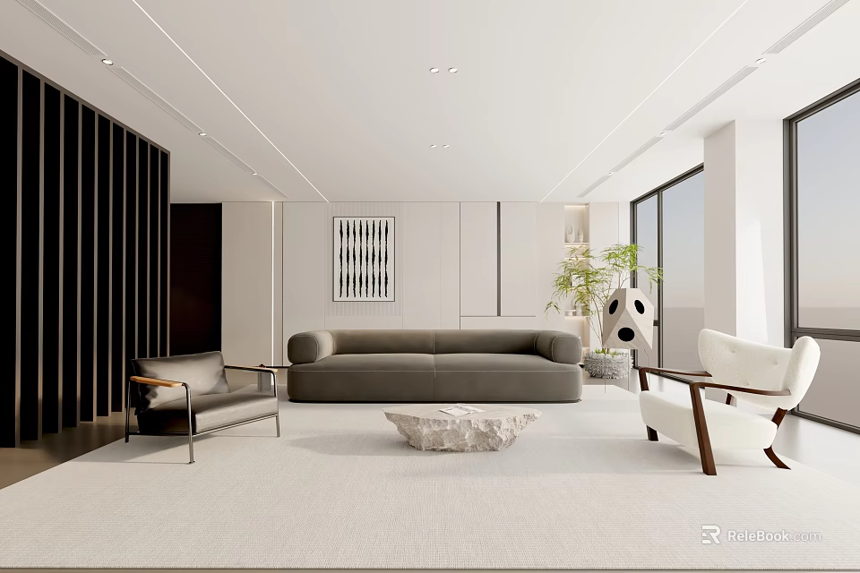 Modern Living Room Interior With Gray Sofa White Rug Accent Chair And Decorative Painting 3d model 