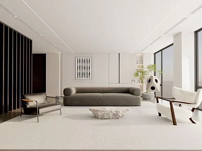 Modern Living Room Interior With Gray Sofa White Rug Accent Chair And Decorative Painting 3d model