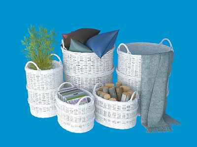 White Woven Storage Baskets with Pillows Magazines Firewood and Blanket Near Green Plant 3d model