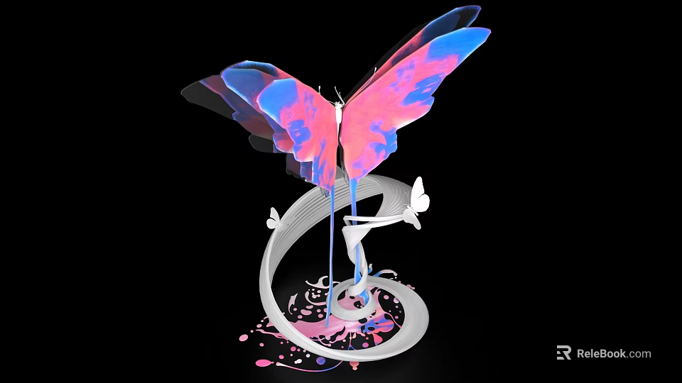Butterfly Shaped Art Installation With Transparent Blue Pink Wings And White Spiral Base 3d model 