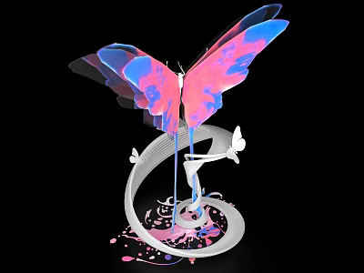 Butterfly Shaped Art Installation With Transparent Blue Pink Wings And White Spiral Base 3d model