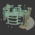 Industrial Equipment Structure With Circular Metal Frame Wooden Pillars And Hook