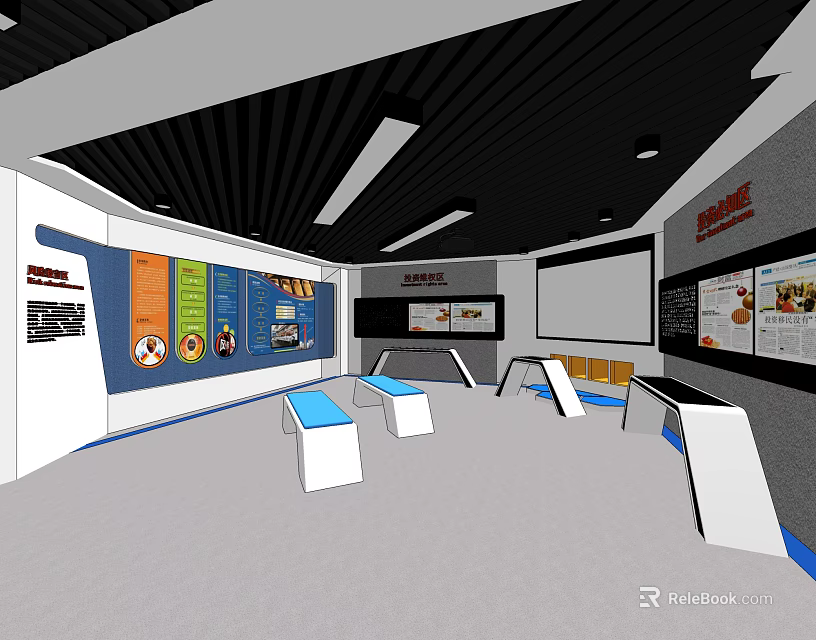 Modern Exhibition Space Interior With Display Wall Information Panels Tables And Projection Screen 3d model 