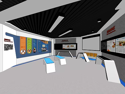 Modern Exhibition Space Interior With Display Wall Information Panels Tables And Projection Screen 3d model