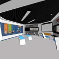 Modern Exhibition Space Interior With Display Wall Information Panels Tables And Projection Screen 3d model