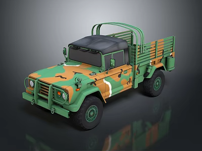 Camouflage Military Truck with Open Cargo Bed and Roof Rack Design 3d model