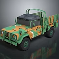 Camouflage Military Truck with Open Cargo Bed and Roof Rack Design