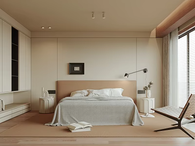 Modern Bedroom Interior Design With Bed Headboard Bedside Tables Floor Lamp And Window Curtains 3d model