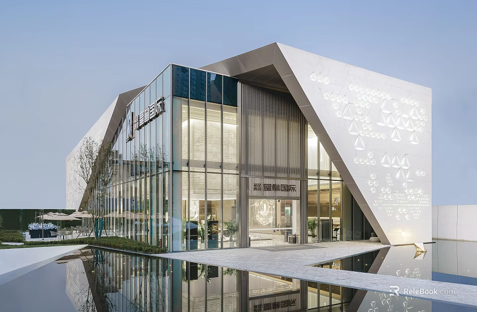 Modern Geometric Sales Office Building With Glass Facade And Water Reflection 3d model 
