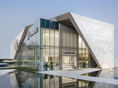 Modern Geometric Sales Office Building With Glass Facade And Water Reflection 3d model