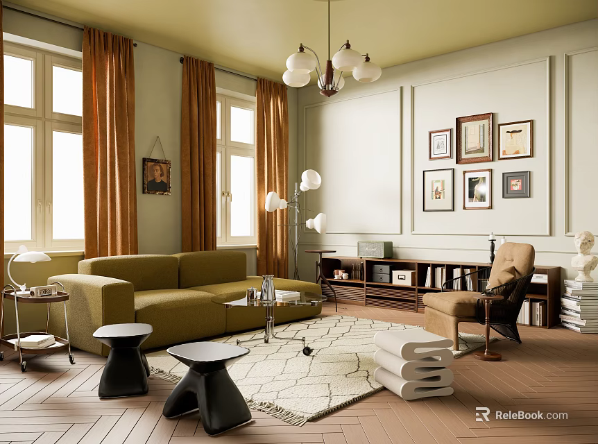 Elegant Living Room Interior Design With Green Sofa Black Stools And Wall Art 3d model 