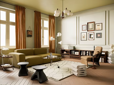 Elegant Living Room Interior Design With Green Sofa Black Stools And Wall Art 3d model