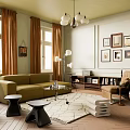 Elegant Living Room Interior Design With Green Sofa Black Stools And Wall Art