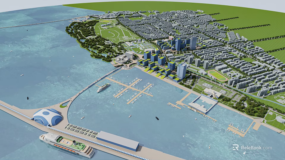 Aerial View Urban Planning With Waterfront Marina High Rise Buildings And Green Spaces 3d model 