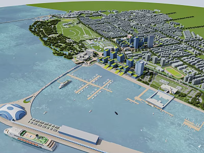 Aerial View Urban Planning With Waterfront Marina High Rise Buildings And Green Spaces 3d model