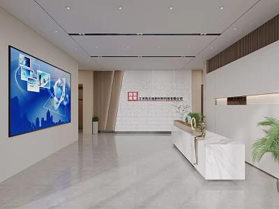 Modern Bright Company Reception Area With White Marble Counter And Large Digital Display Screen 3d model