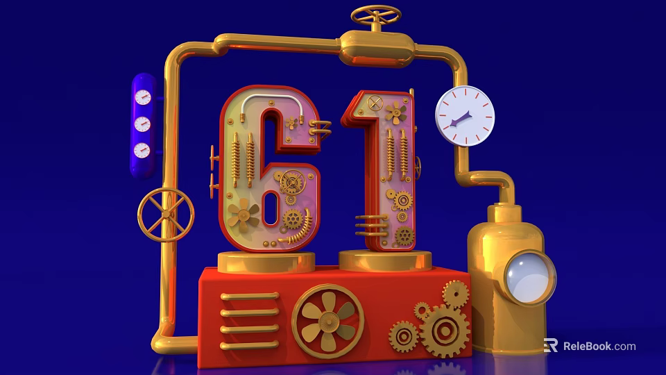 Steampunk Themed Number 61 Artwork With Gears Pipes And Clock On Blue Background 3d model 