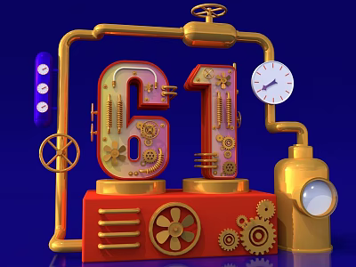 Steampunk Themed Number 61 Artwork With Gears Pipes And Clock On Blue Background 3d model