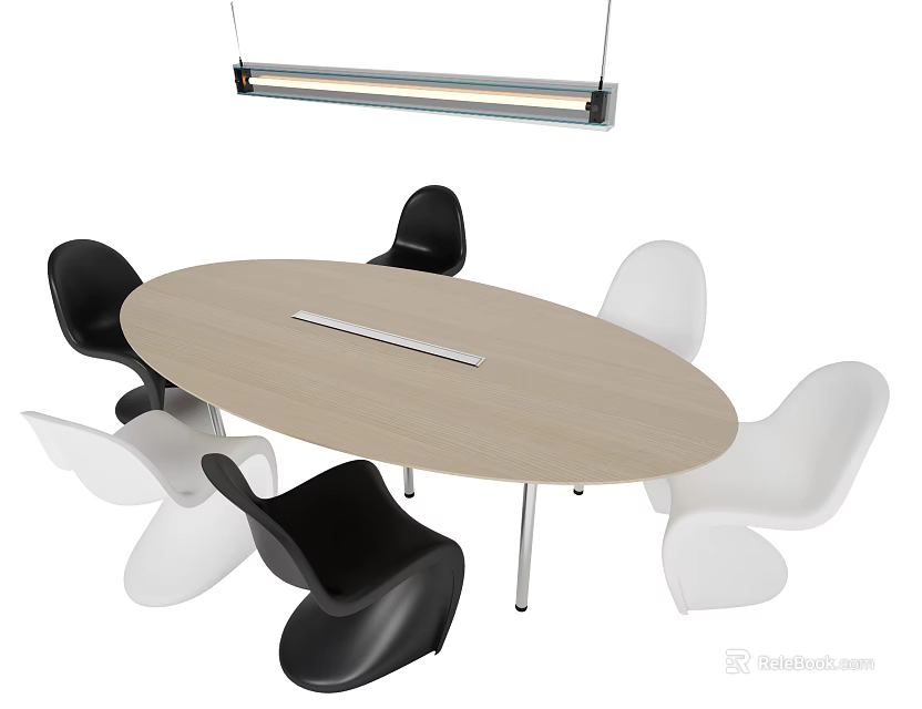 Modern Oval Conference Table With Light Wood Surface And Black White Chairs In Office 3d model 