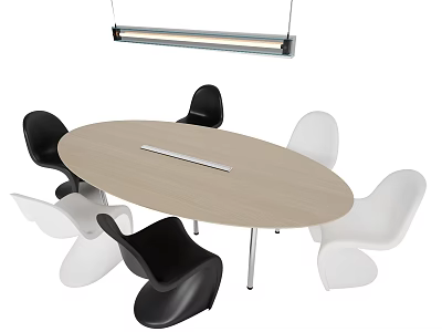 Modern Oval Conference Table With Light Wood Surface And Black White Chairs In Office 3d model