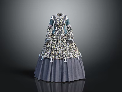 Vintage Floral Pattern Long Sleeve Dress With Wide Gray Skirt And Elegant Design 3d model
