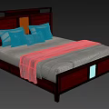 Mahogany Double Bed With Carved Headboard Light Colored Sheets And Blue Bed Runner 3d model