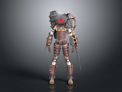Game Movie Character With Mechanical Armor Red Eye Weapons And Post Apocalyptic Industrial Design 3d model