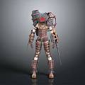 Game Movie Character With Mechanical Armor Red Eye Weapons And Post Apocalyptic Industrial Design