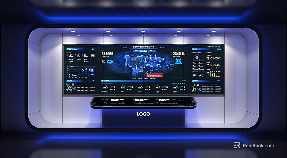 Exhibition Hall Featuring Large Display Screens With Data Charts World Map And Control Console 3d model 