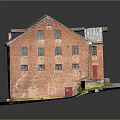 Old Red Brick Building Model Featuring Rusted Metal Roof Multiple Windows Red Doors