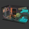 Cartoon Scene With Round Yellow Character Working At Computer Desk With Papers And Blue Lighting
