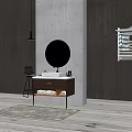 Modern Bathroom Washbasin With Round Mirror Gray Concrete Wall Towel Rack And Plant