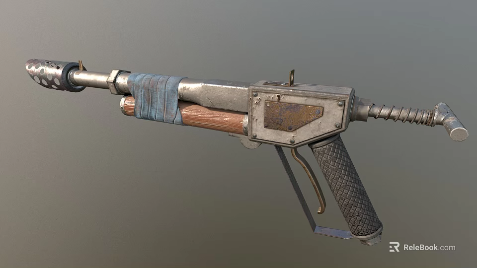 Vintage Submachine Gun With Wooden Grip Metal Body And Worn Straps 3d model 