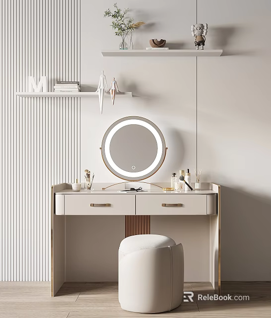 Modern Light Colored Dressing Table With Round Mirror Stool And Cosmetics On Drawers 3d model 