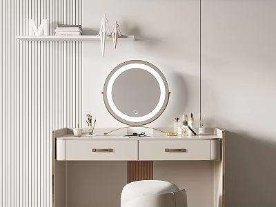 Modern Light Colored Dressing Table With Round Mirror Stool And Cosmetics On Drawers 3d model