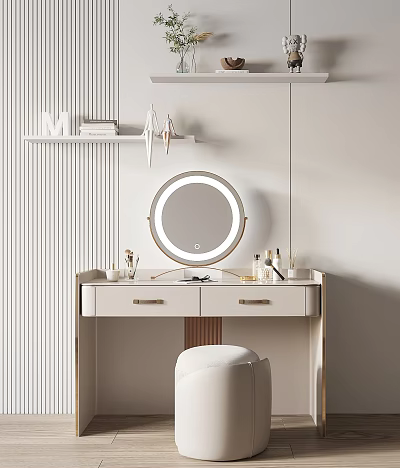 Modern Light Colored Dressing Table With Round Mirror Stool And Cosmetics On Drawers 3d model